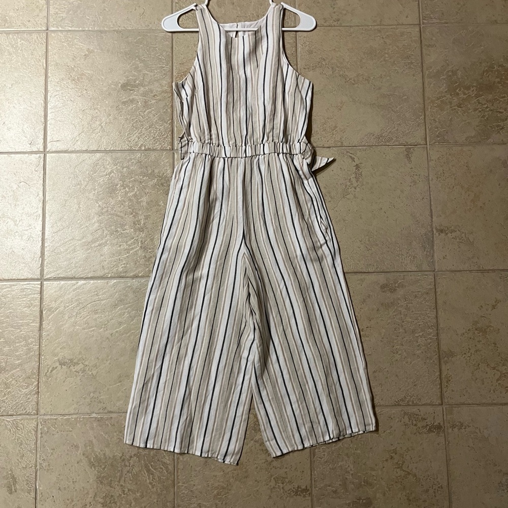 LOFT Beige and Grey Striped Jumpsuit